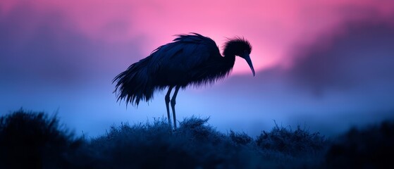 Poster -  A large bird atop a lush green field faces a pastel-hued sky, unburdened by another bird perched on its head