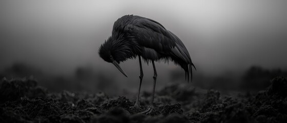 Canvas Print - Bird with long legs, lengthy neck stands, in foggy field