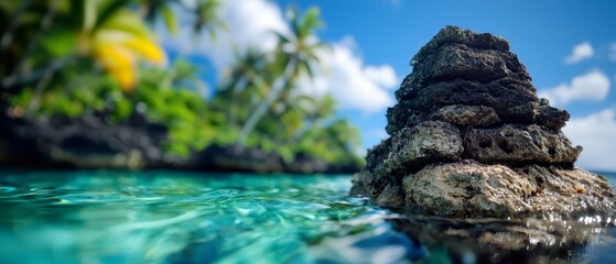 Canvas Print -  A protruding rock amidst a lush green forest, teeming with numerous palm trees, and surrounded by water