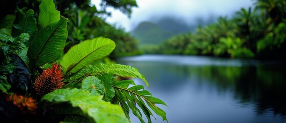 Poster -  A scene of water enclosed by verdant greenery of plants and trees, accompanied by a foggy backdrop sky