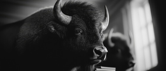 Wall Mural -  A monochrome image of a buffalo in a room with a window Two additional buffalos are present in the background