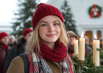 A cheerful young woman dressed in winter attire enjoys a festive atmosphere at a holiday gathering