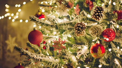 Merry Christmas and Happy New Year. Festive bright beautiful background. Decorated Christmas tree on blurred background. de-focused lights, gold bokeh