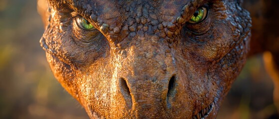 Poster -  A tight shot of a dinosaur's face, displaying green eyes Surrounding environment of trees and bushes lightly blurred