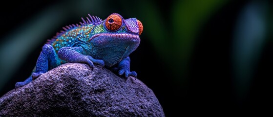 Poster -  A tight shot of a blue-orange reptile atop a rock amidst green foliage, against a black backdrop