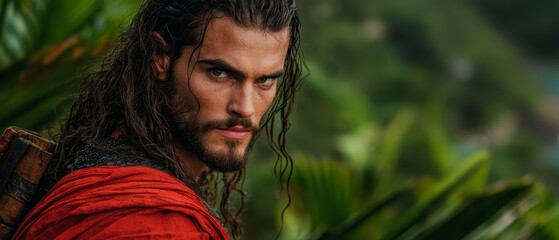 Canvas Print -  A man with long hair and beard, wearing a red shirt, carries a brown bag in this tight shot