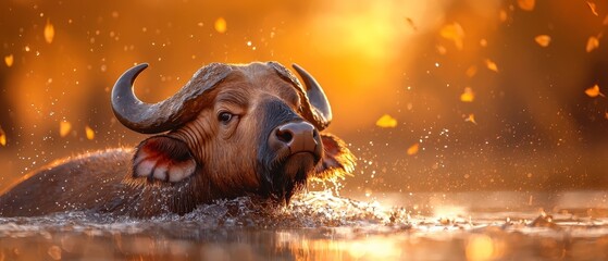 Sticker -  A tight shot of a bull submerged in water, with its head lifted above the surface