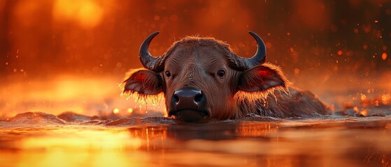 Sticker -  A tight shot of a bull submerged in water, with its head breaking the surface