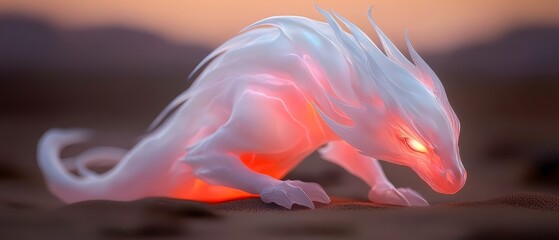 Sticker -  A white dragon perches atop a sandy beach, silhouetted against the night sky In the distance, a lone bright red beacon casts an eerie glow