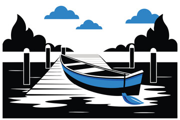 A quiet riverbank, with a blue rowboat tied to a wooden dock vector illustration white background A.eps