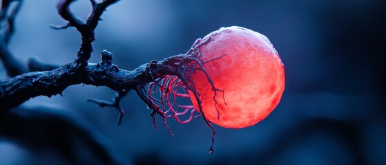 Poster -  A tree branch with a red ball in focus, suspended against a blurred background