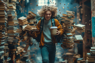 Poster - A student with an overstuffed backpack, books falling out, and a massive coffee cup in hand, running in circles around the same spot.