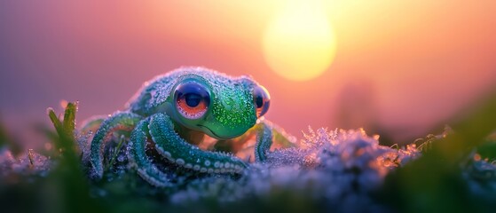 Sticker -  A tight shot of a tiny frog amidst a sea of grasses Sun looms large behind, backdrop softly blurred