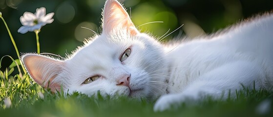 Poster -  A white cat on lush green grass, near a single white flower