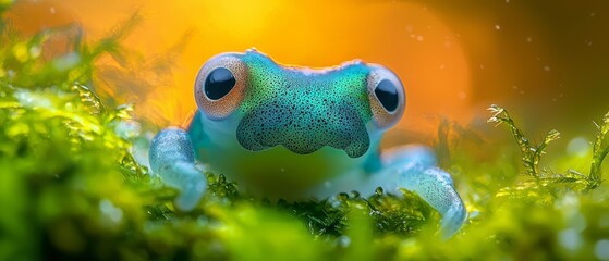 Poster -  A tight shot of a blue frog amidst a field of waving grasses Sun casts golden rays behind, illuminating dewdrops glistening on frog