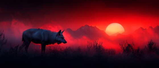 Canvas Print -  A painting of a wolf, standing solitarily in a field as the sun sets in the distance behind it