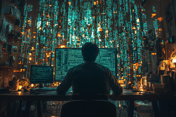 Wall Mural - a software developer trying to debug code on a screen that keeps getting smaller, while lines of cod