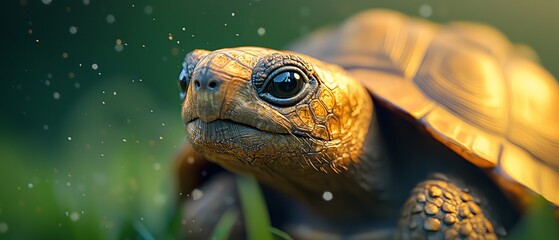 Wall Mural -  A tight shot of a turtle in lush grass, dewdrops dotting its back legs