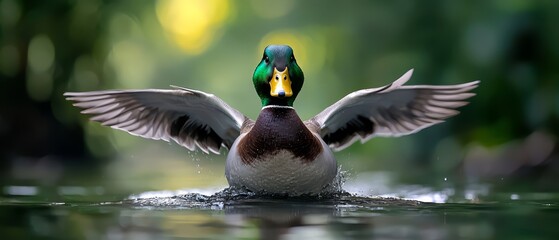 Sticker -  A tight shot of a duck in the water, wings splayed broadly, mirrored in its tranquil reflection