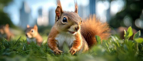 Canvas Print -  A tight shot of a solitary squirrel amidst a sea of tall grasses Other squirrels scatter the background A structure looms in the distance