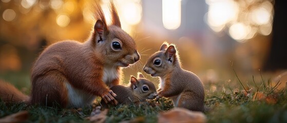 Canvas Print -  A mother squirrel and her two offspring play in a sunlit, grassy area surrounded by trees