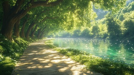 Sticker - Sunlit Pathway Through Lush Green Forest