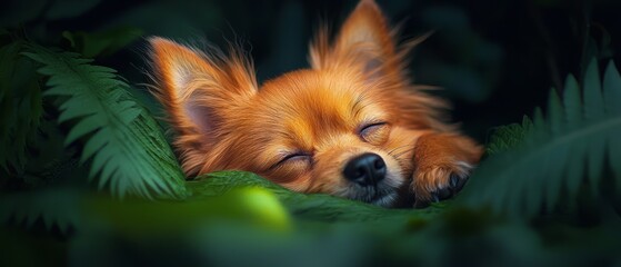 Sticker -  A close-up of a dog lying on a lush, green ground, with its eyes closed