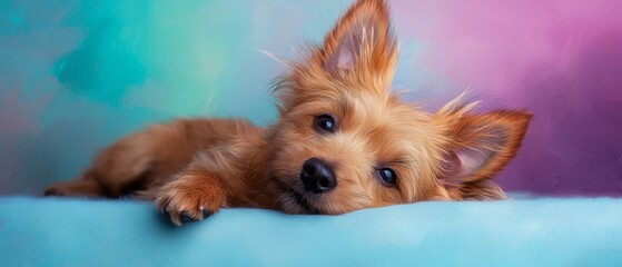  A small brown dog lies on a blue bed against a pink-blue wall in a room