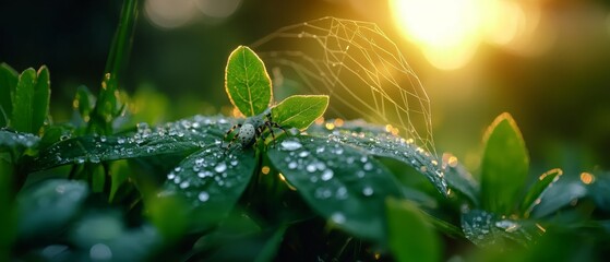 Poster -  A tight shot of a wet, green leaf dotted with water drops Sunlight filters through the tree canopy in the backdrop