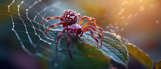 Canvas Print -  A tight shot of a spider on a wet leaf, with water beads on its back, and a softly blurred background