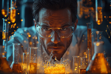 Poster - A scientist surrounded by beakers and test tubes, holding a bubbling potion that's comically overflowing, while charts and graphs fly off the walls.