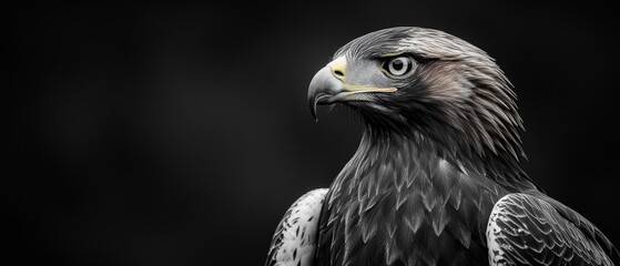  A tight shot of a bird of prey in monochrome, featuring a vibrant yellow beak against a black backdrop