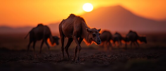 Poster -  A herd of camels grazes on a dry grass field, silhouetted against mountains at sunset The sun sets in the distance