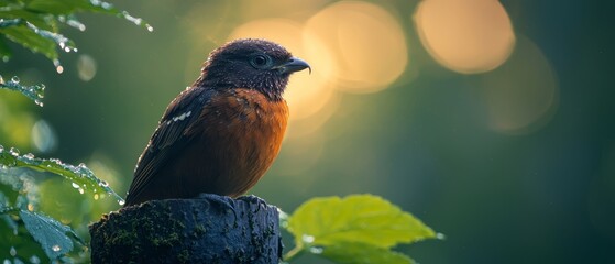 Poster -  A bird perched on a tree branch, its face adorned with water droplets, against a softly blurred backdrop