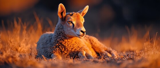 Wall Mural -  A tight shot of a sheep reclining in a lush grass field, its head tilted to the side