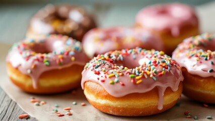 Wall Mural -  Sweet indulgence  A delightful assortment of frosted donuts with colorful sprinkles