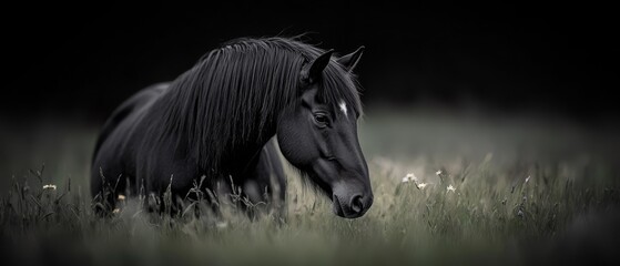 Poster -  A black horse atop a verdant field, surrounded by wildflowers