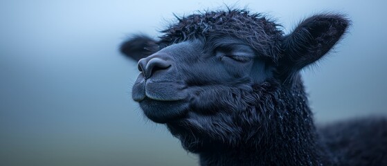 Wall Mural -  A tight shot of a black sheep's expressionless face with closed eyes and disheveled hair swaying in the wind