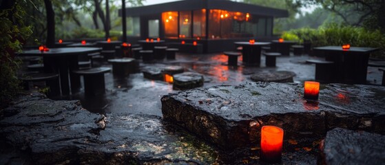 Canvas Print -  A stone slab holds a collection of lit candles before an edifice, framed by trees and lush bushes