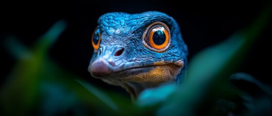 Wall Mural -  A blue lizard's face with orange eyes, in tight focus A green plant dominates the foreground