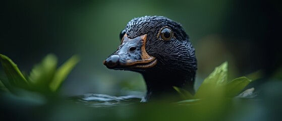 Sticker -  A tight shot of a duck in a body of water, with a plant protruding from the foreground and a background softly blurred