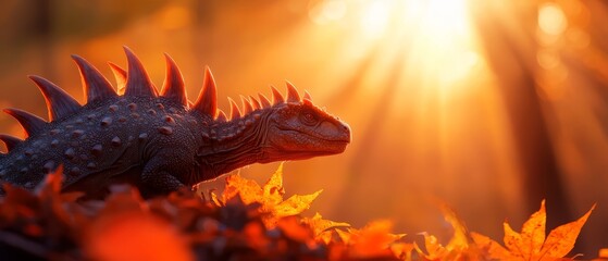 Canvas Print -  A tight shot of a toy dinosaur among flowers, sun filtering through tree canopy behind