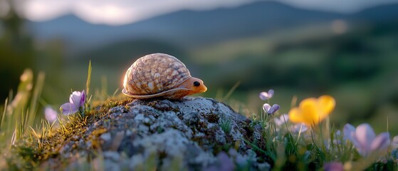 Wall Mural -  A snail sits atop a rock in a field of wildflowers and crocuses