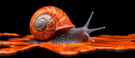 Wall Mural -  A tight shot of a snail atop an orange puddle against a black backdrop