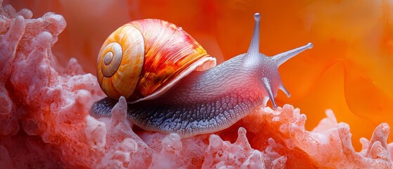 Wall Mural -  A tight shot of a snail atop coral, adorned with water droplets at its base and clinging to the shell's edge below