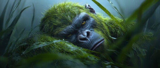 Canvas Print -  A gorilla's head reclines on the companion's back in a lush grassy landscape - a tight shot