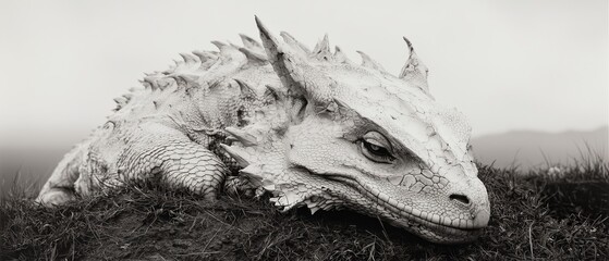 Canvas Print -  A black-and-white image of an iguana resting in the grass, with its head tilted to the side