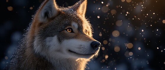 Wall Mural -  A tight shot of a wolf's expression, surrounded by falling snowflakes Background includes trees blanketed in winter white