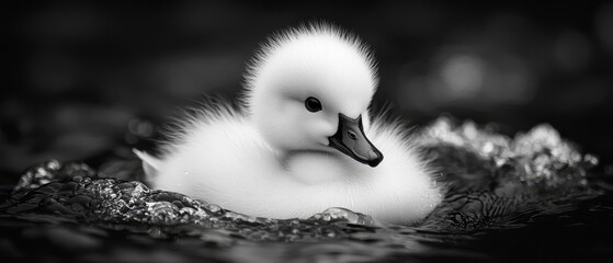 Poster -  A black-and-white image of a duckling in the water, head raised above the surface