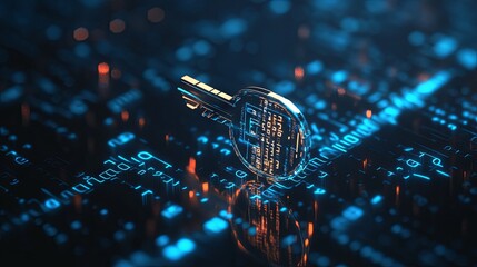 A digital key hovering above binary code, symbolizing data security and cyber access.